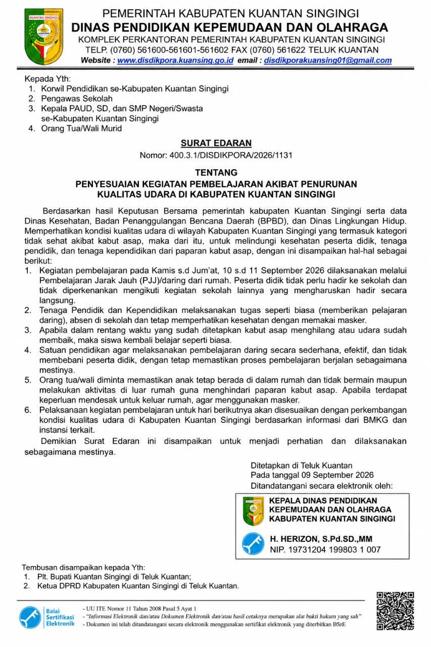 Asap Pekat, Sekolah di Kuansing Daring 10-11 September